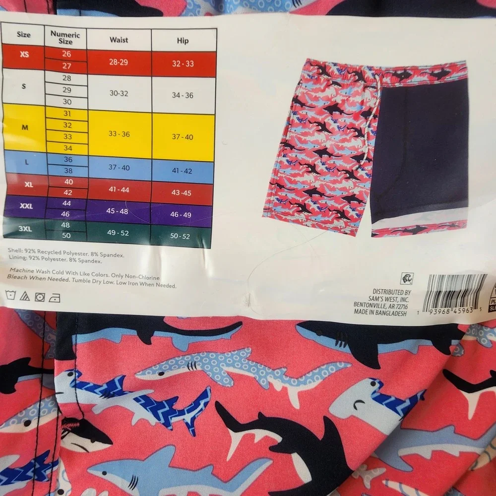 Member's Mark Mens M Resort Swim Trunk Pink Shark Board Shorts Beachwear